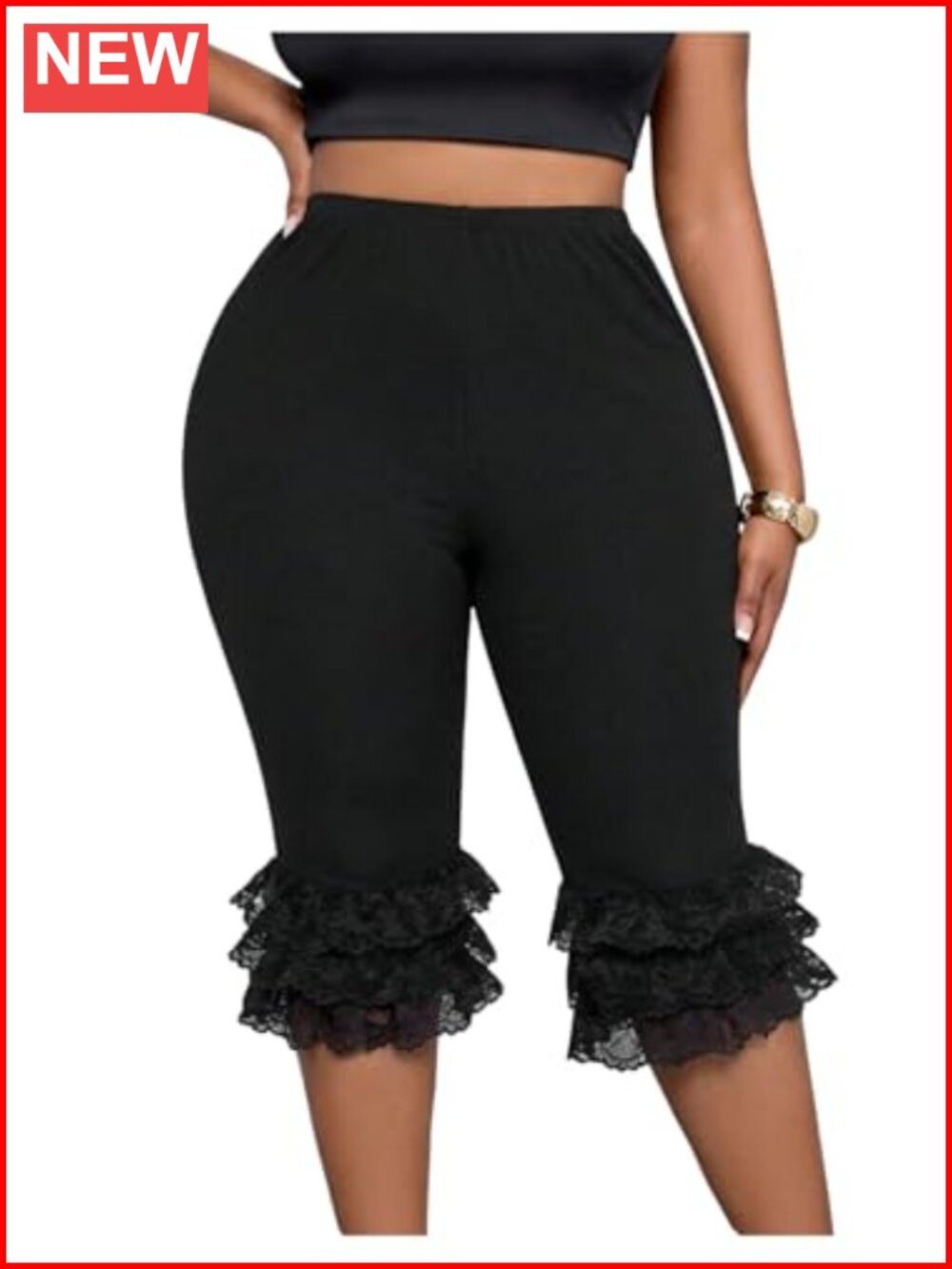 Plus Size High Rise Capri Leggings Lace Ruffle Tiered Slim Fit